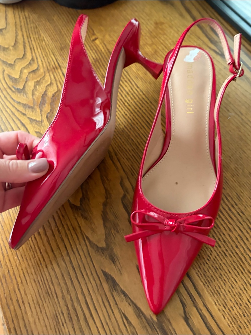 Madden Girl Red Patent Pointed-Toe Slingback Heels with Bow
